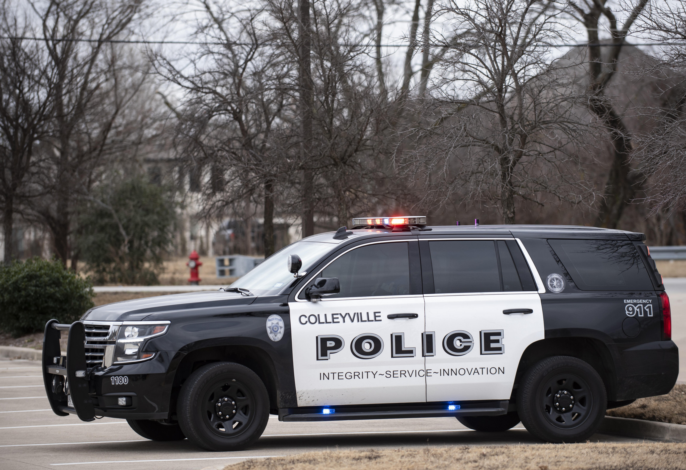 A Colleyville Police vehicle in the street.